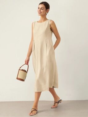 Sleeveless Beige Linen Midi Dress - Classic Summer Dress size XXL like new